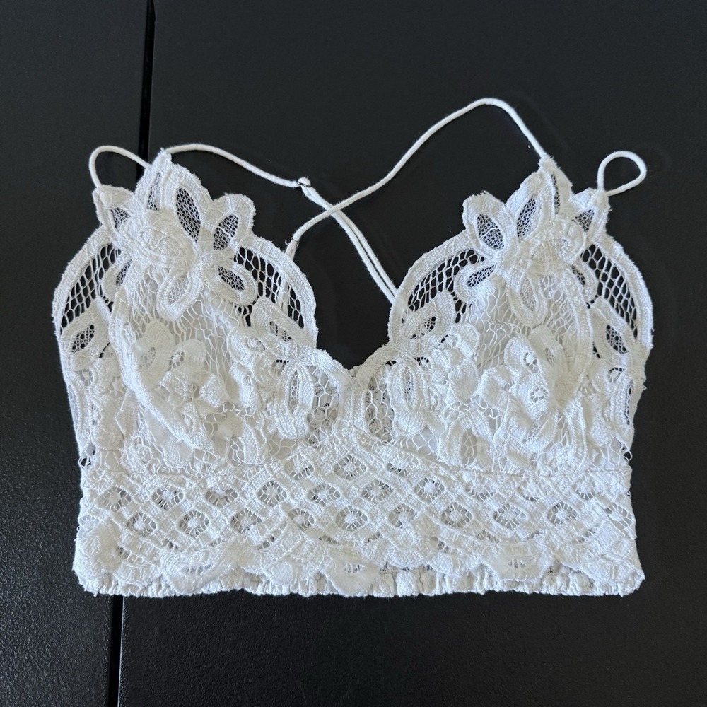 Free People One Lace Crochet Bralette Large Smocked Festival Boho Hippie White